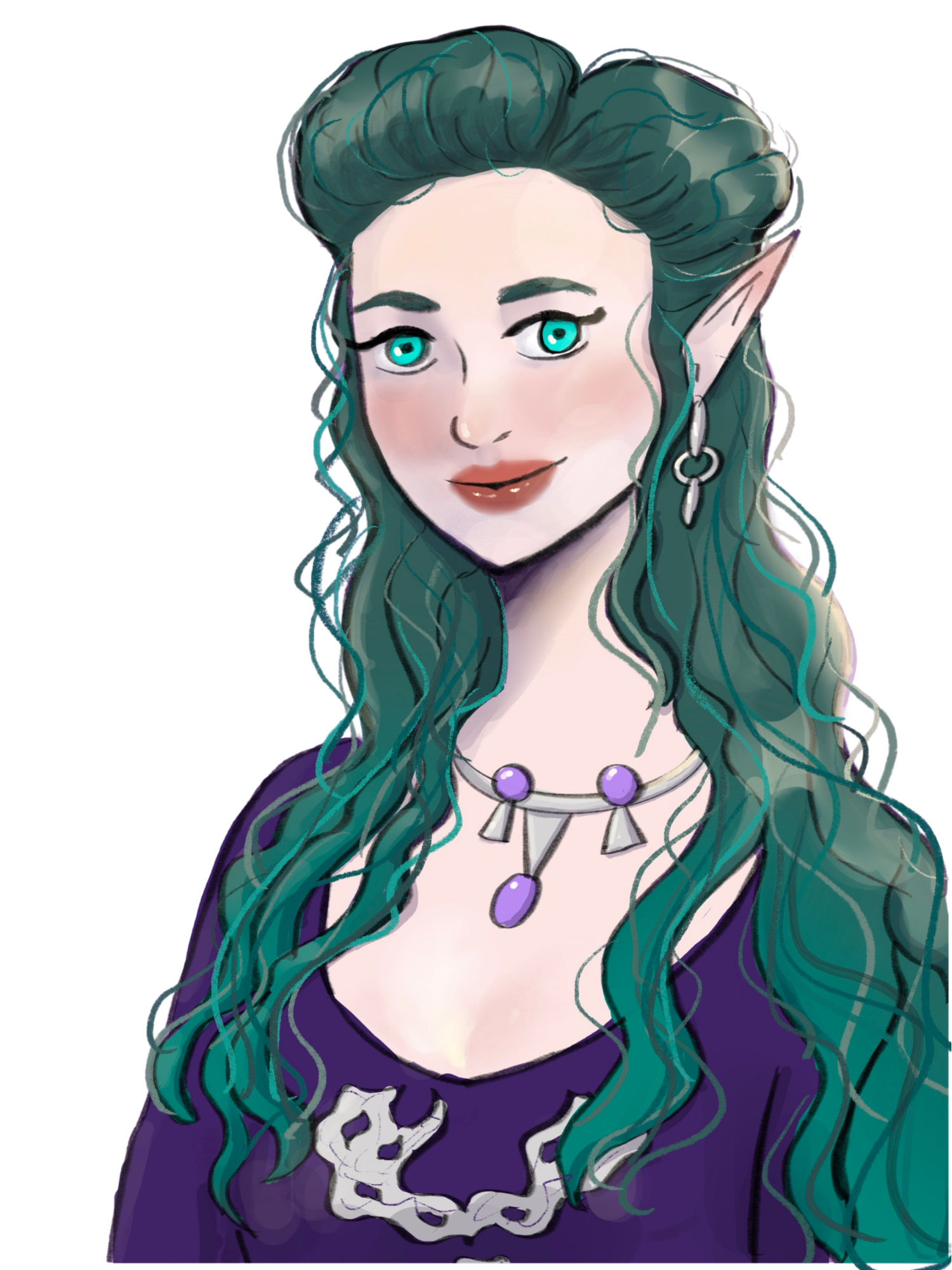 Rowena Pendragon — teal-haired High Priestess of Avalon with aqua eyes and pointed ears