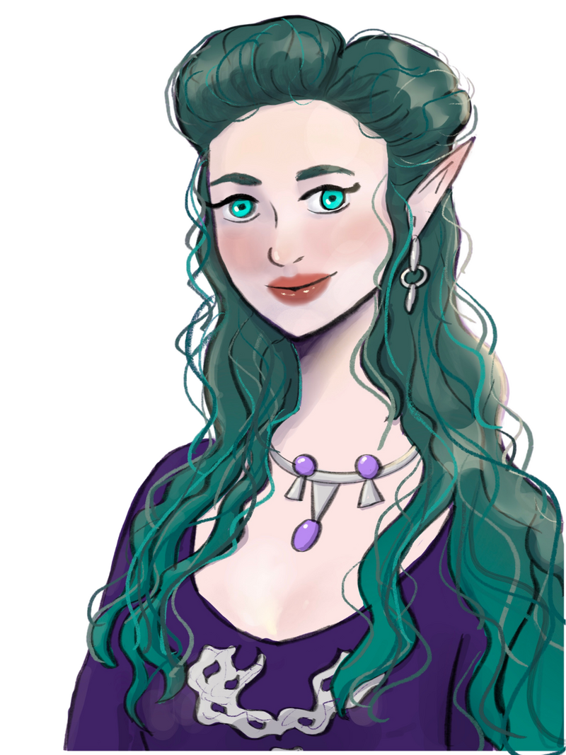 Rowena Pendragon — teal-haired High Priestess of Avalon with aqua eyes and pointed ears