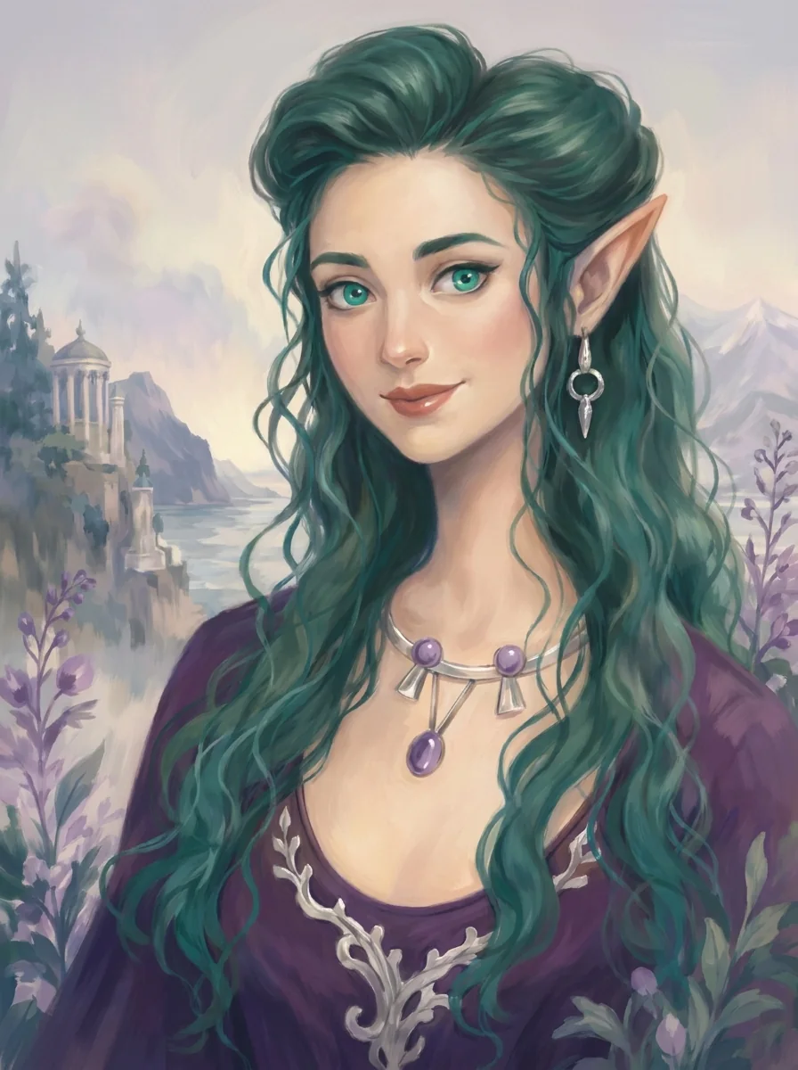 Rowena Arianwen Pendragon, High Priestess of Avalon and Wisdom Keeper — deep green-haired, in a violet Celtic-knot gown, the Avalon coast behind her.