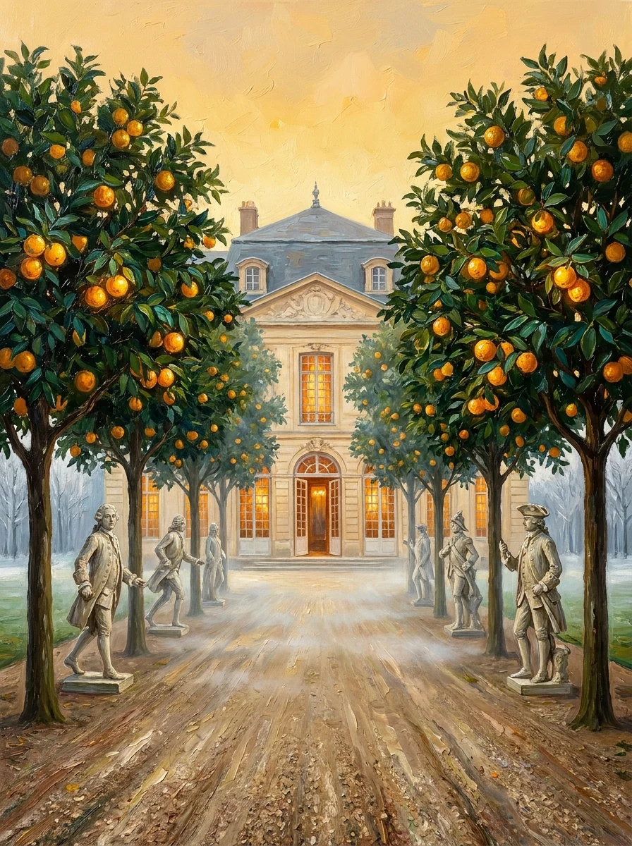 An avenue of orange trees in fruit leading to the lit pale-stone château at dusk, weathered stone statues of the frozen court standing among the trees.
