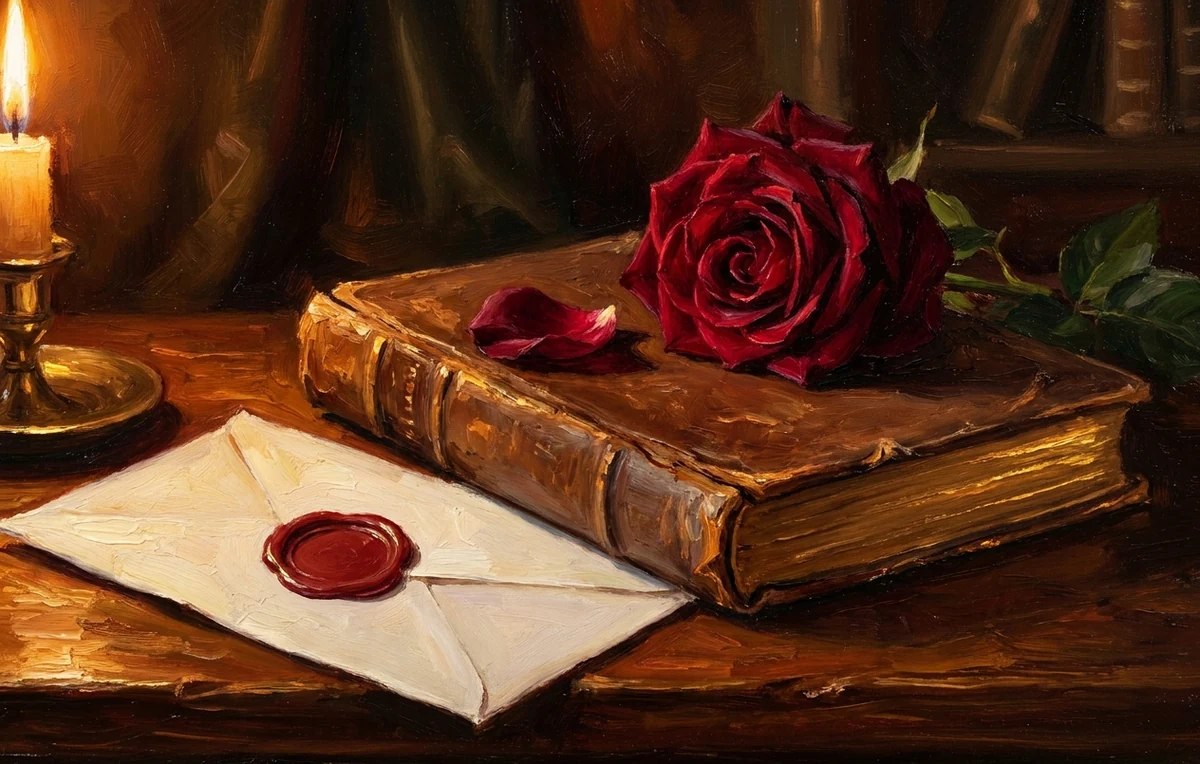 A leather-bound book with a deep red rose laid across it, a folded letter sealed in red wax beside it, candlelight.