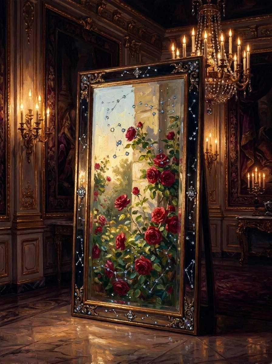 A tall dark mirror set with jewels in constellation patterns, standing in a candlelit palace room, its glass revealing a sunlit rose garden elsewhere.