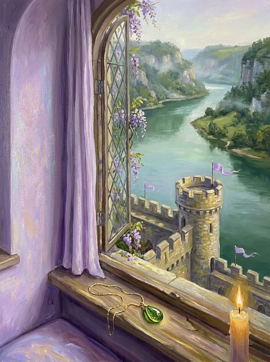 A green moldavite pendant on a gold chain on a windowsill in the fairy tower, looking out over a lavender-banked river fortress and misted gorge.