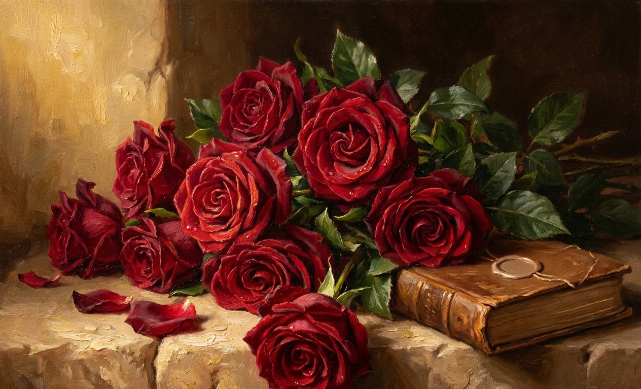 A cluster of deep red roses beside an old sealed book in warm candlelight.