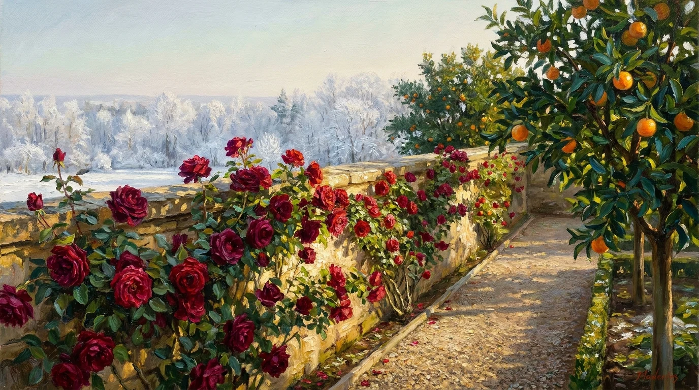 A walled terrace of deep red roses in warm sun, orange trees in fruit, a winter-white wood beyond.