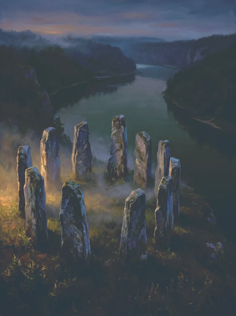 A ring of ancient weathered standing stones on a high bluff above a green river gorge at dusk, misted forested hills beyond — the place of power older than the magic school.