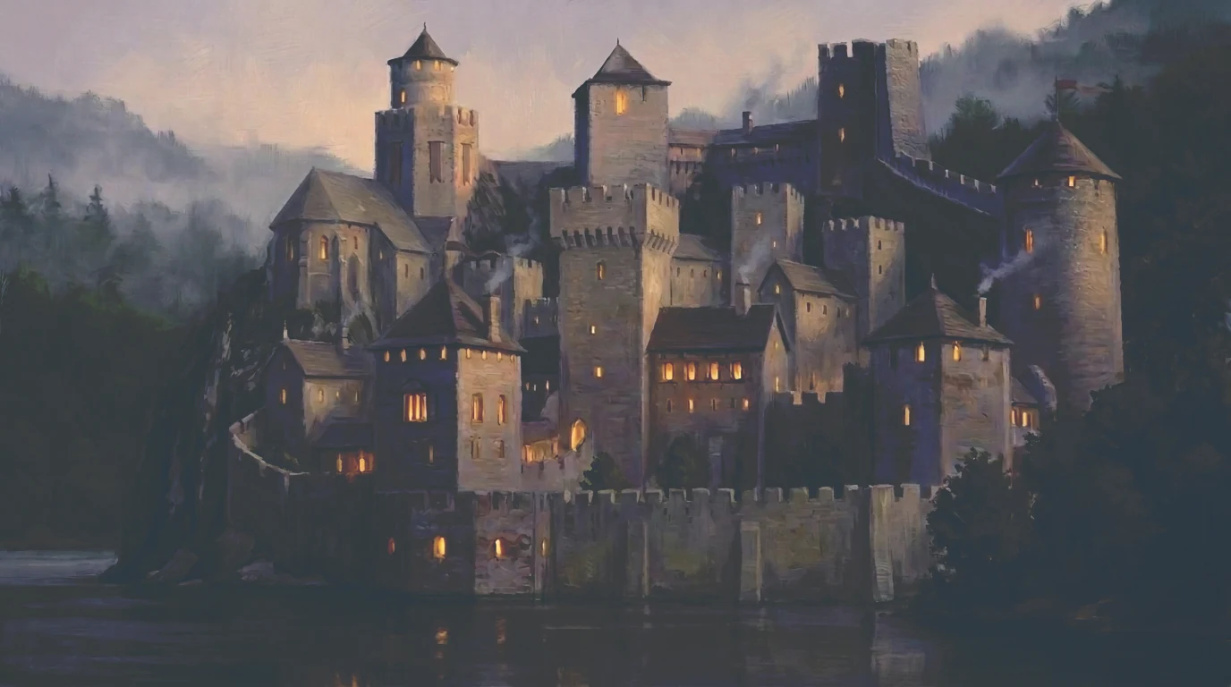 The magic-school fortress of Zlatnamagija on its river crag at dusk — crenellated stone towers with warm-lit windows, the forested gorge and mist beyond.