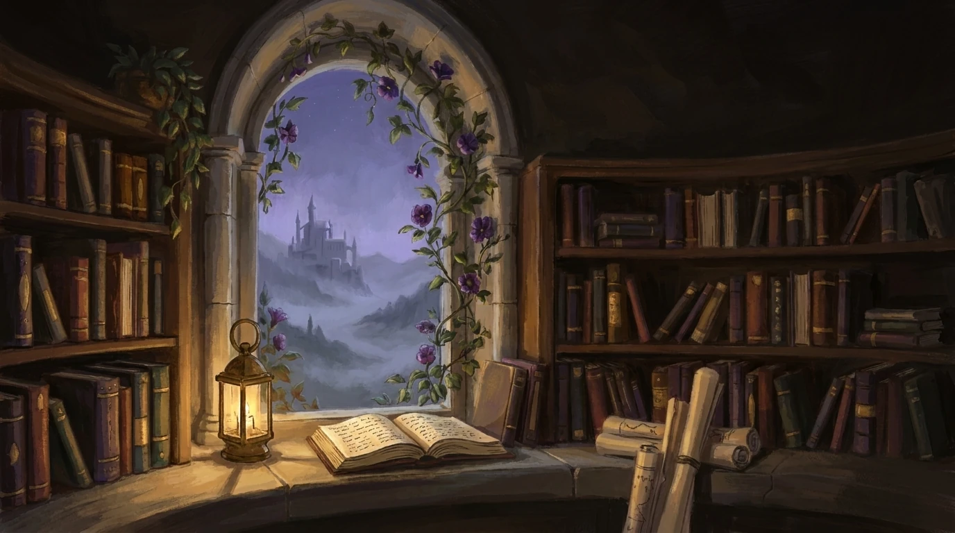 A lamplit archive at night, an arched window wound with violet flowers, a citadel in the fog beyond.