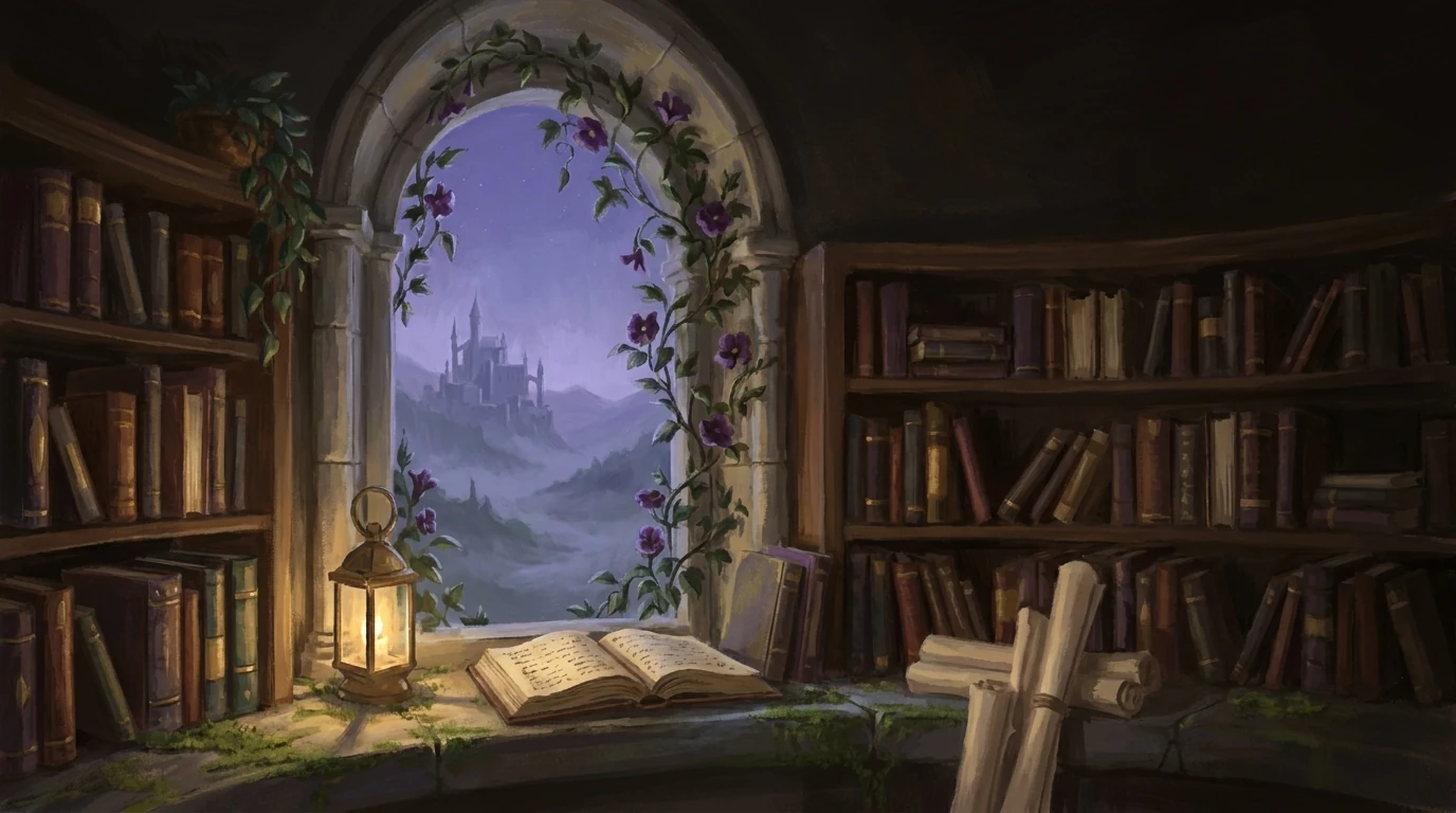 A lamplit archive at night: shelves of books, an arched window wound with violet flowers, a citadel lost in fog beyond.