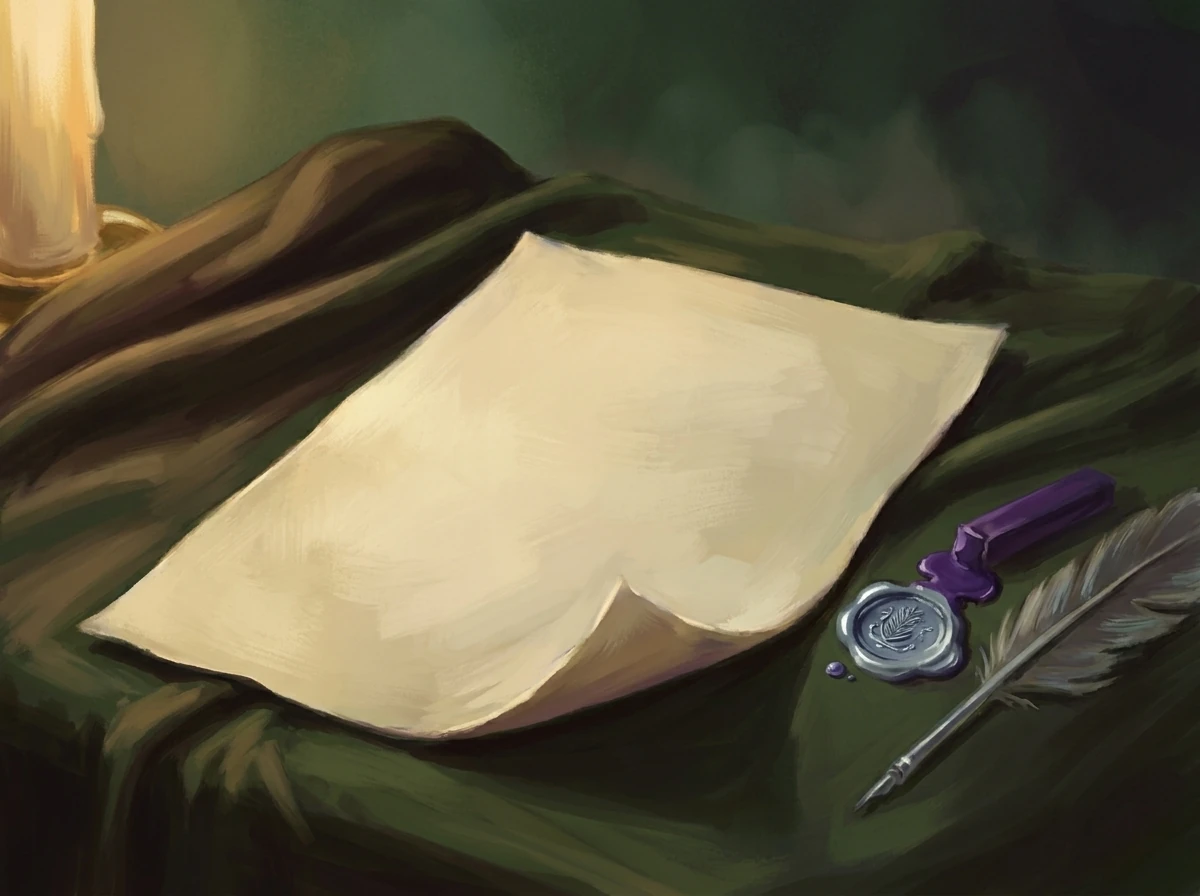 A blank sheet of pale vellum on dark cloth beside a silver seal, violet wax and a quill, warm candle glow.