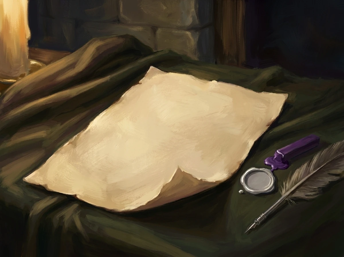 A sheet of pale vellum on dark cloth beside a silver seal, violet wax and a quill, a candle and stone wall beyond.