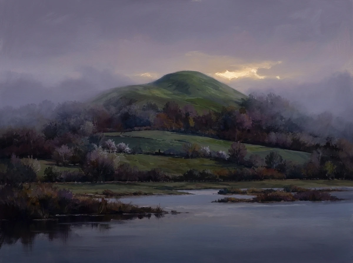 The isle of Avalon adrift in the mists at the edge of night, its hill rising solid through violet fog over still dark water.