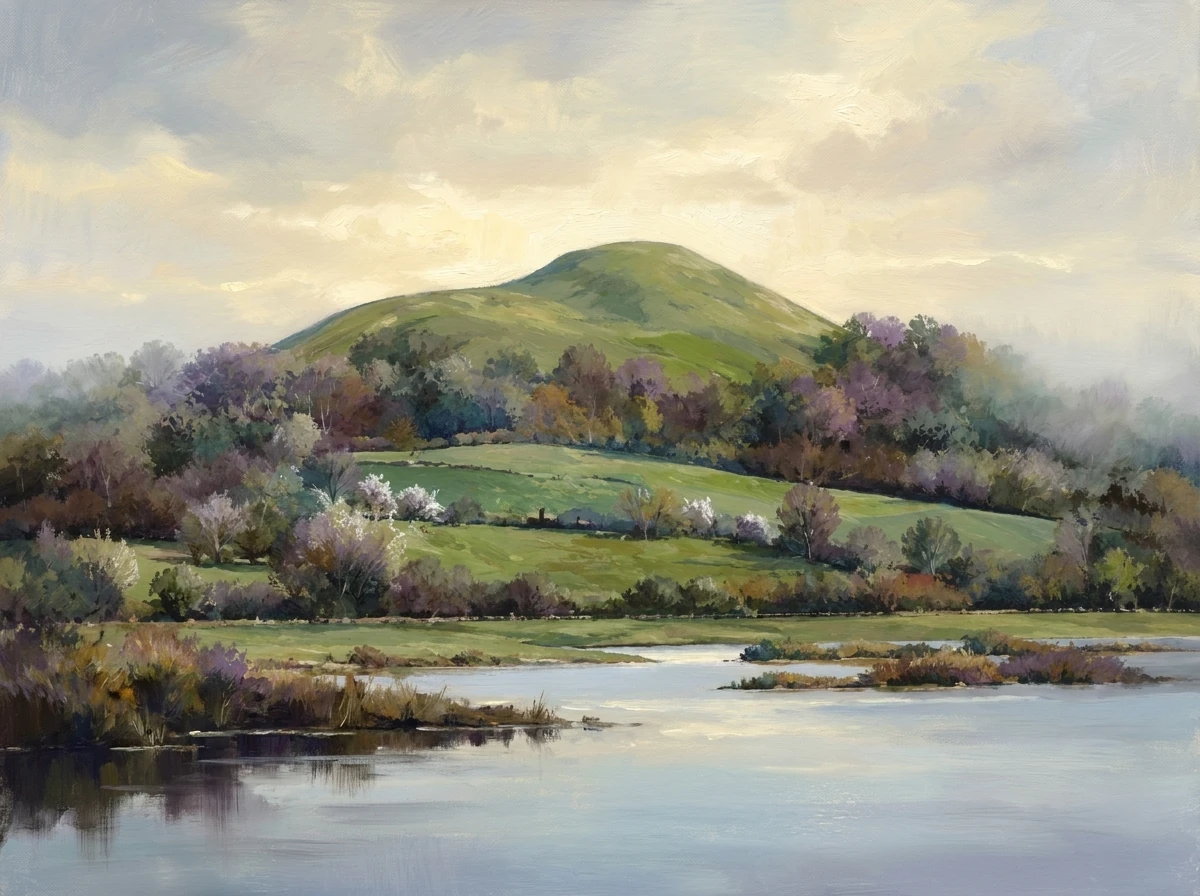 The island of Avalon in still water, its green hill at the center.