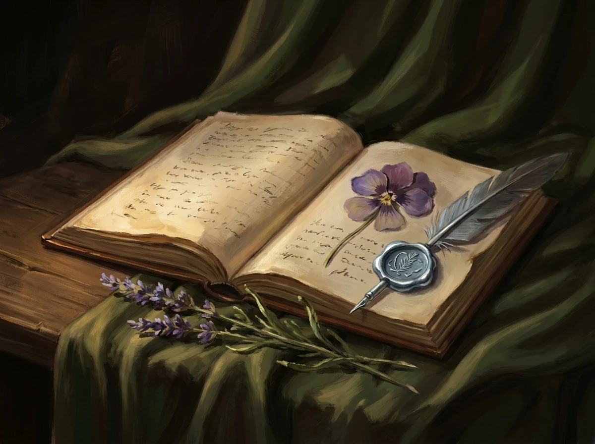 An open book with a pressed violet, a silver seal, a quill and dried lavender on a dark desk.