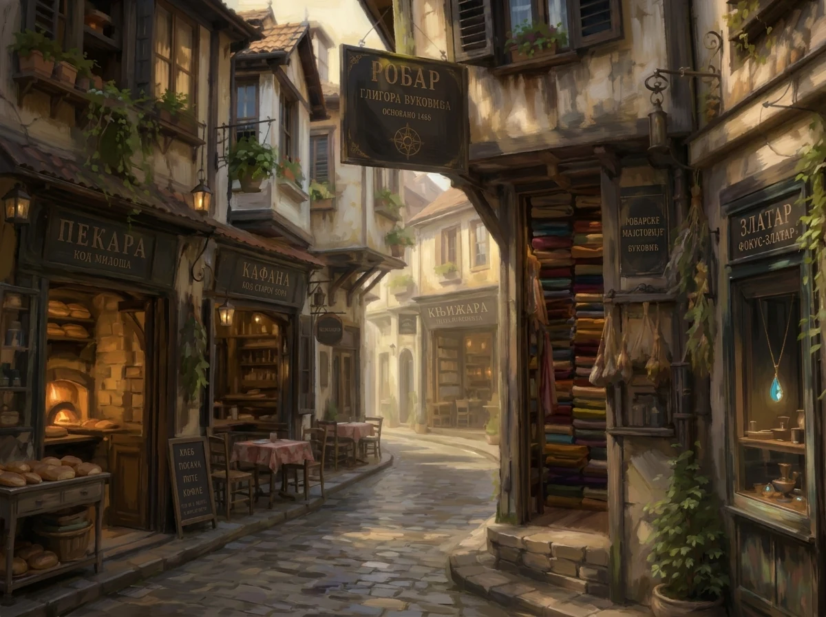 A lamplit village street at dusk under a great tree, warm windows glowing.