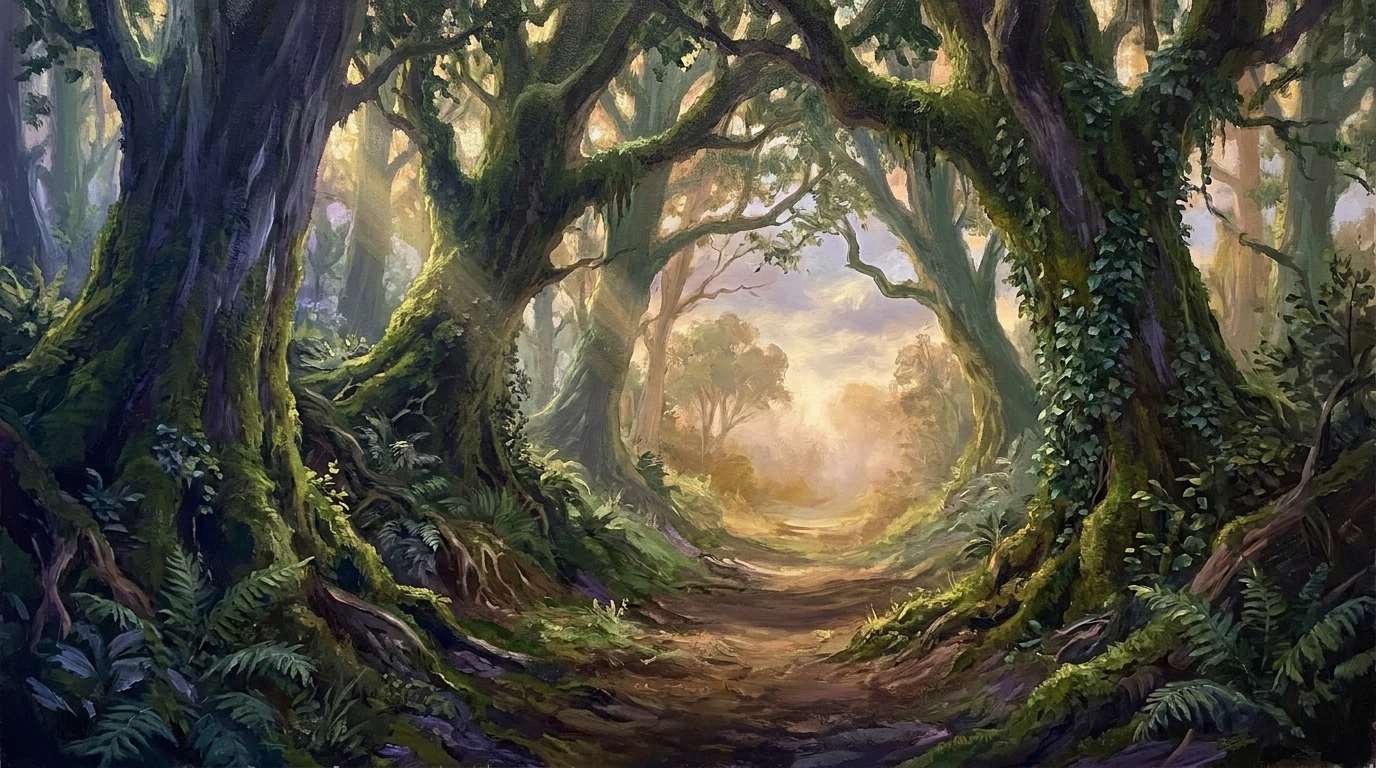 The inside of an ancient sacred wood, enormous moss-grown trunks arching over a path that runs back into a warm glow of misted light.