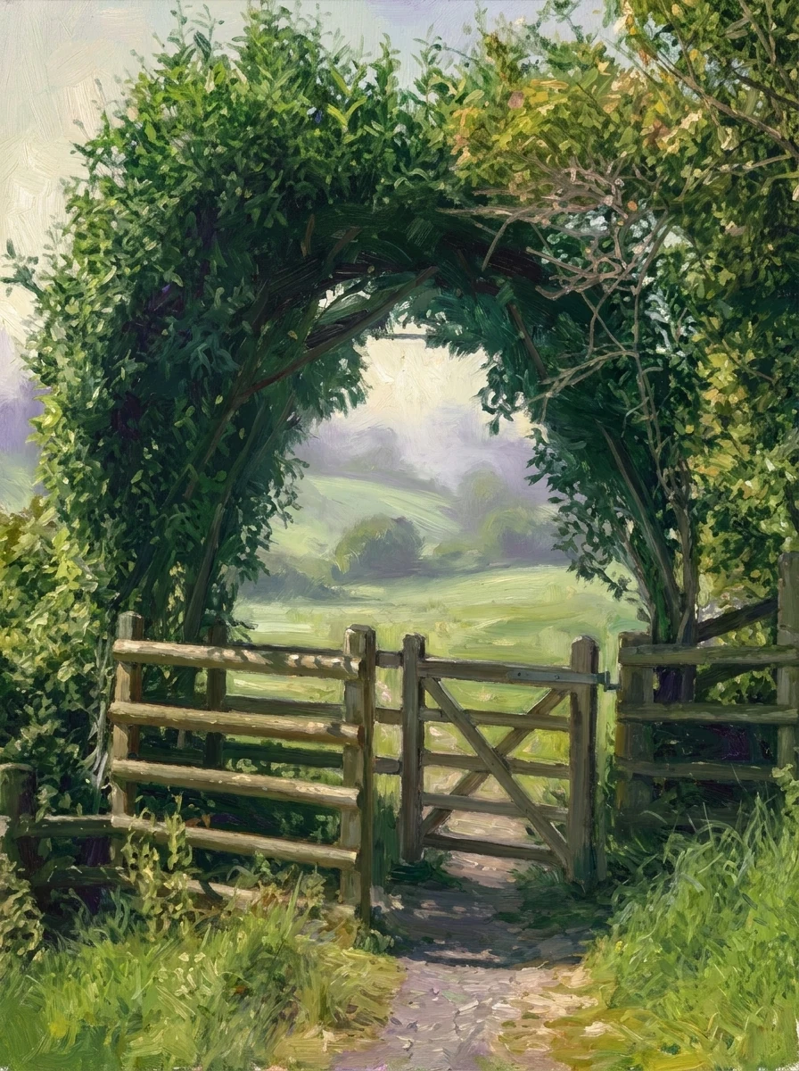 A wooden gate standing open under an arch of grown-together branches, a lit misted path running on beyond.