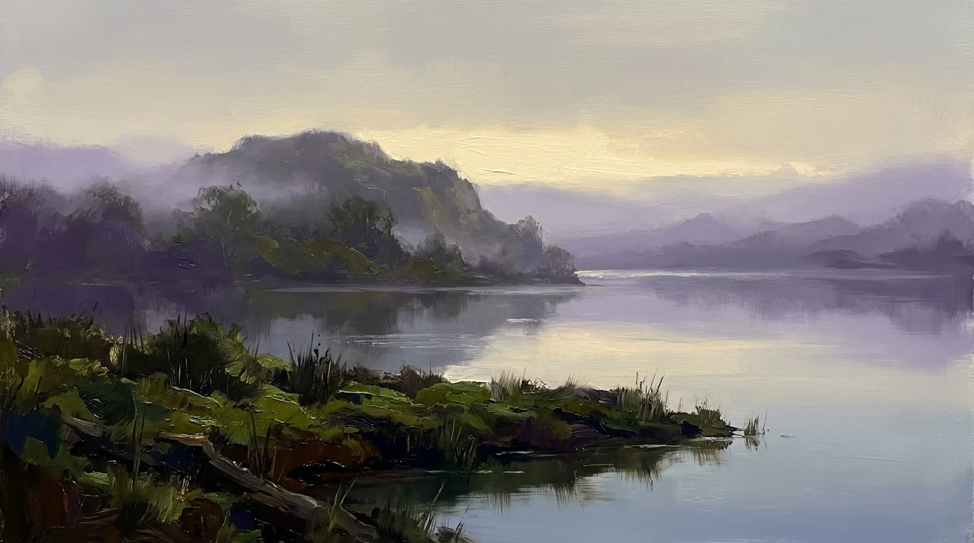 A wooded headland lost in violet fog above still silver water, the far shore nowhere in sight.