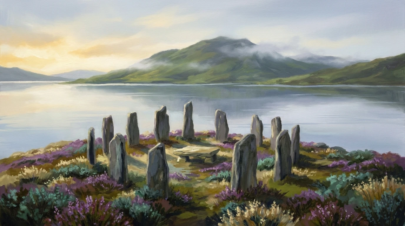 A ring of standing stones on a heather headland above a silver loch, misted mountains beyond.