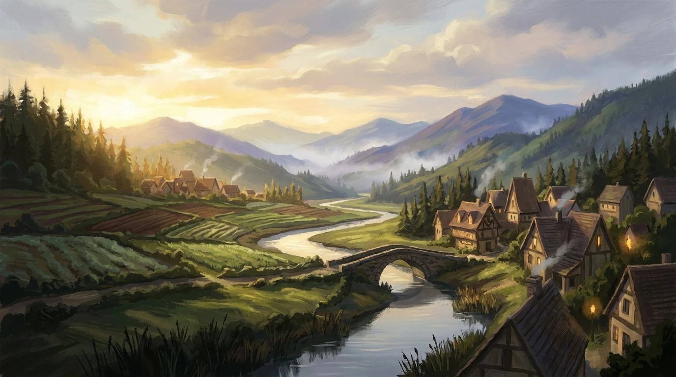 A wide inhabited river valley at dusk: a village of steep-roofed houses, a stone bridge, terraced farmland and woods, blue mountains beyond.
