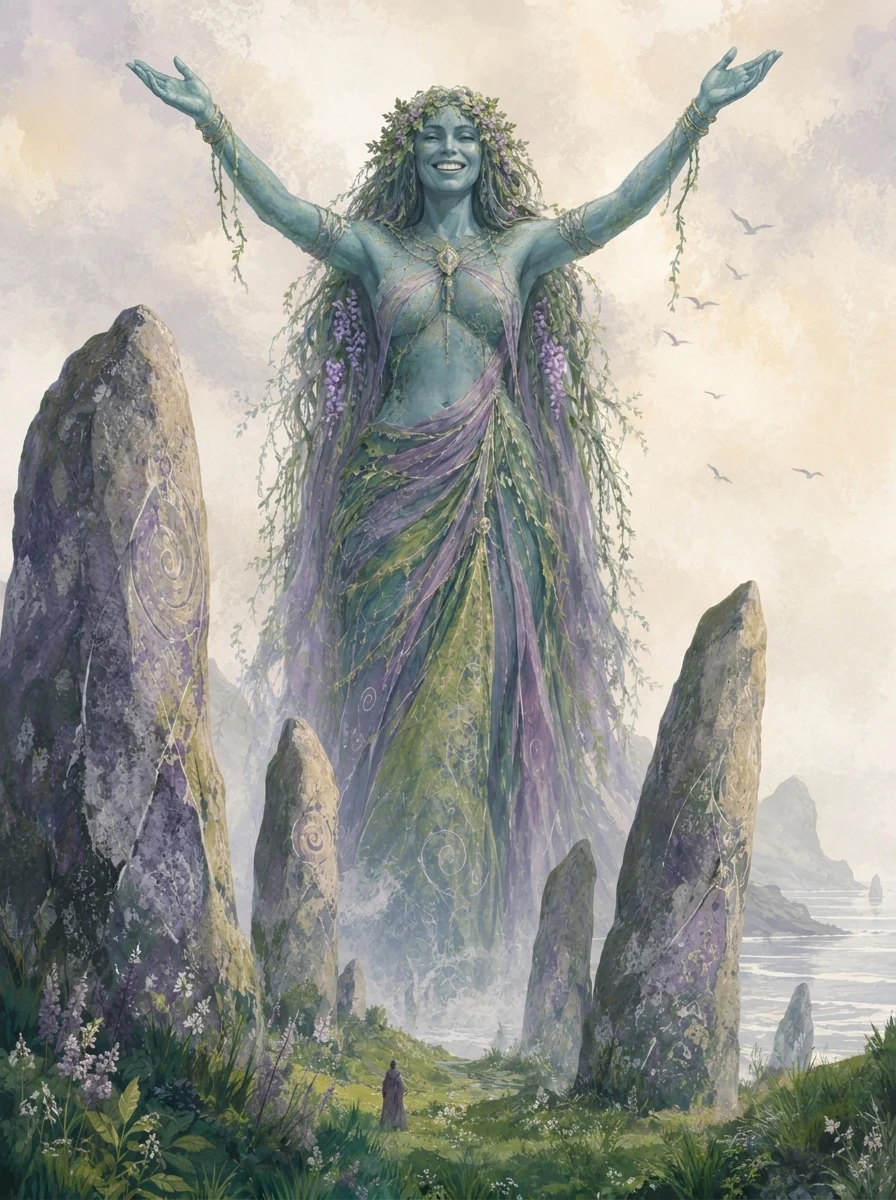 The goddess of Zemiya rising among standing stones above the sea, arms open in welcome.