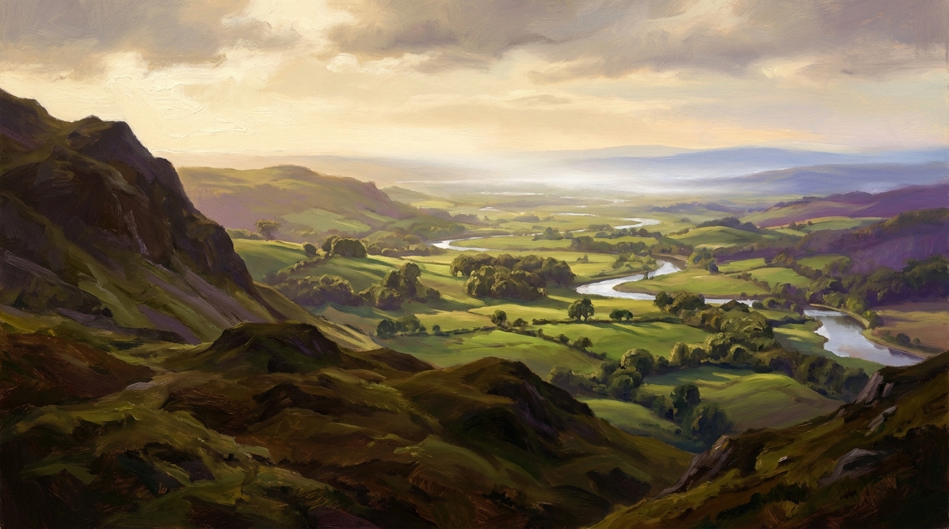 A sweeping view over a rich green country of rolling hills, winding rivers and scattered woods, stretching to a misted horizon.