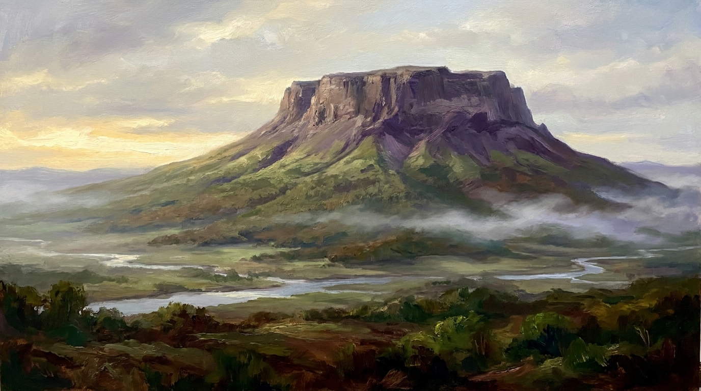 A vast flat-topped mountain rising from the land under a luminous sky, soft mist at its feet.