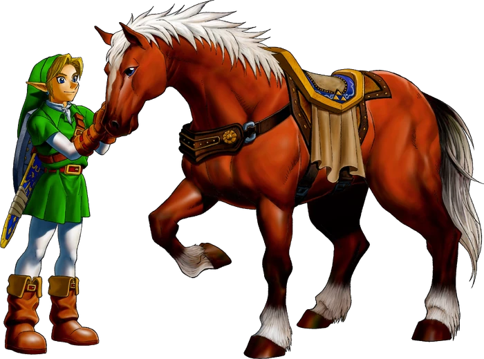 Link from the Legend of Zelda petting his horse Epona