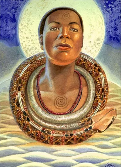 Mawu with a serpent curled around her neck as a necklace