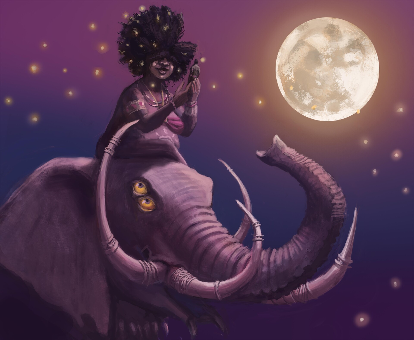 Mawu on an elephant in front of the moon