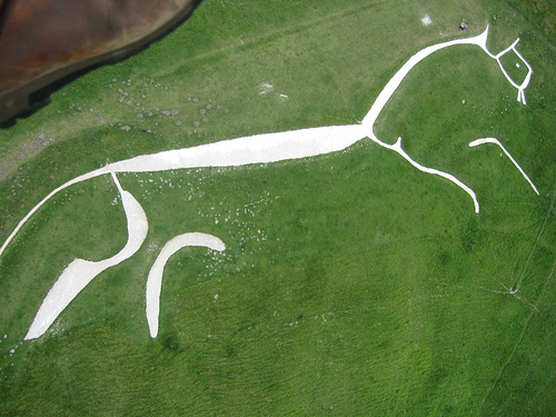 aerial image of a prehistoric horse carved into a hill