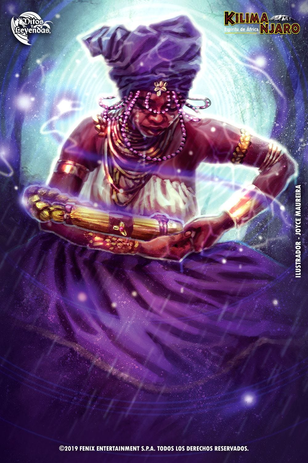Nana Buluku in purple with spirals of power around her