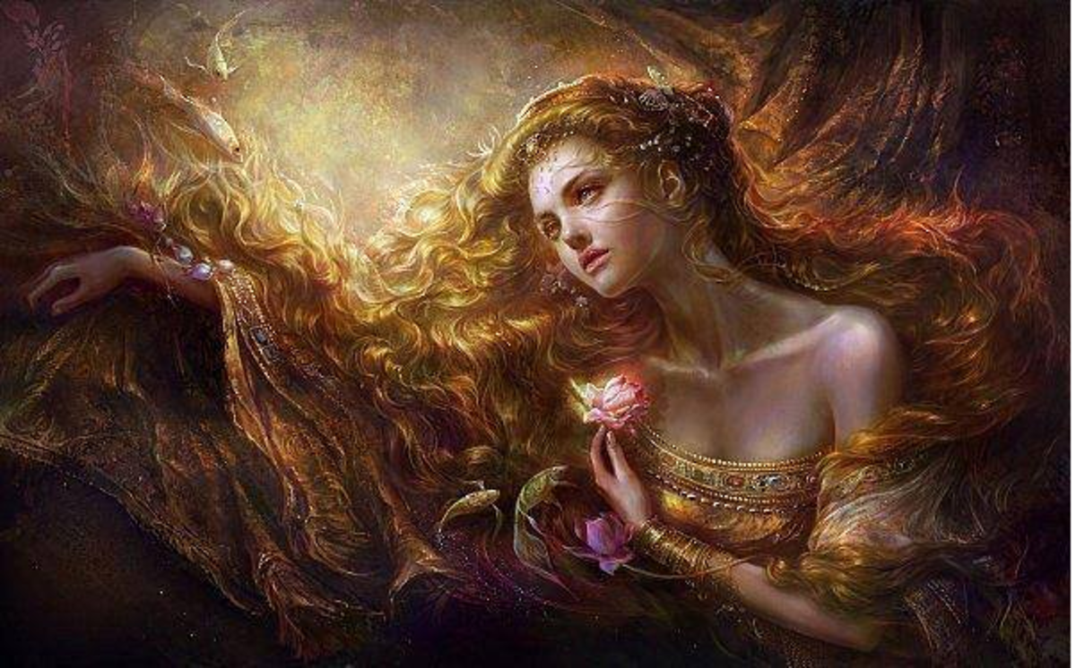 The illustration depicts Aphrodite with golden hair, wearing gold dress and surrounded by golden light. A rose is held in the hand of the goddess, who is looking to the side dramatically. 