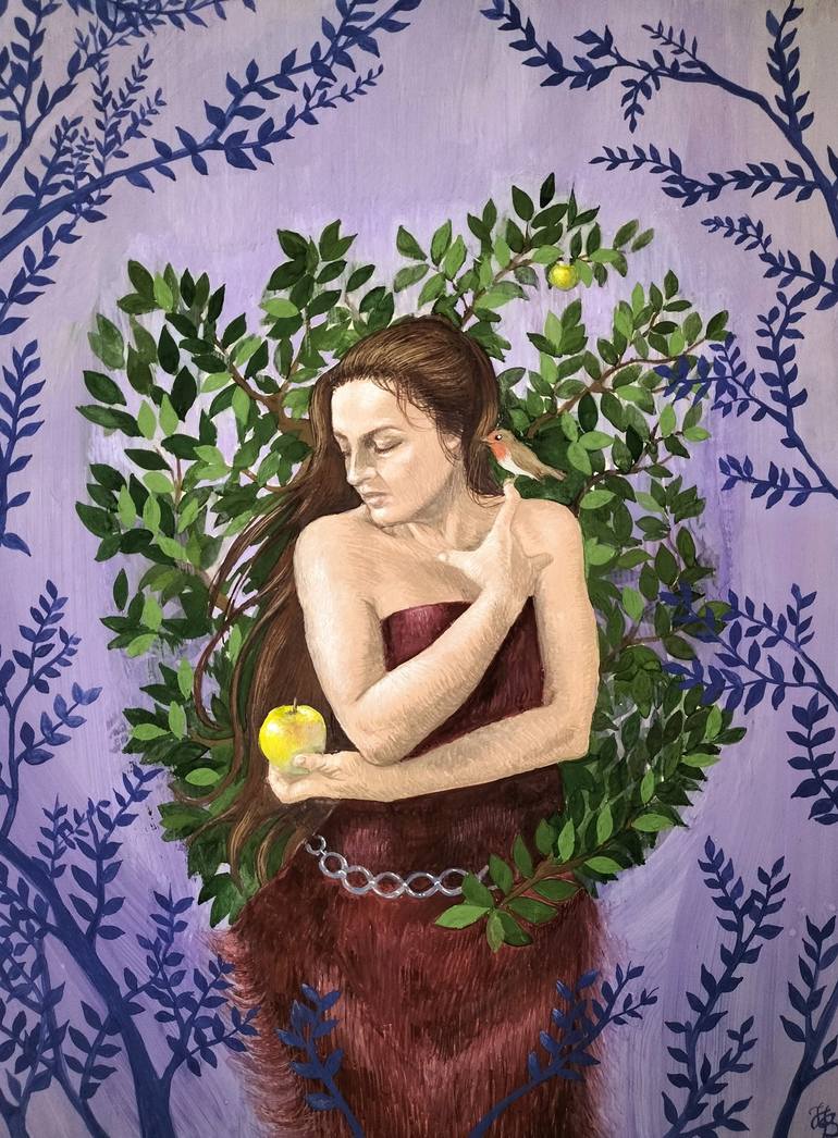 Cliodhna is wearing a brown strapless dress as her brown hair falls to one shoulder. Her harms go across her body as she hold a golden apple in one and a bird in the other. There are vines surrounding her body and the back round fades into purple. 