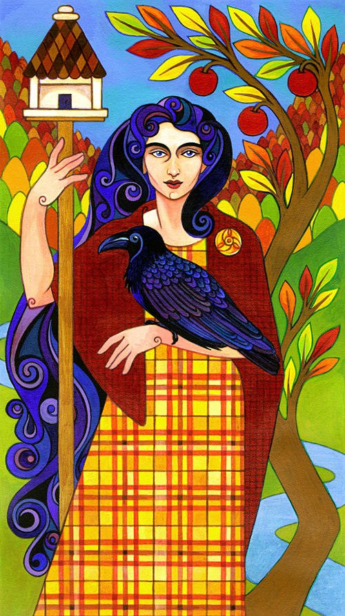 Nantosuelta is standing in front of an apple tree while the leaves are changing to fall colors. Her long hair cascades down her whole back ad she hold a bird house in one hand and a crow in the other. 