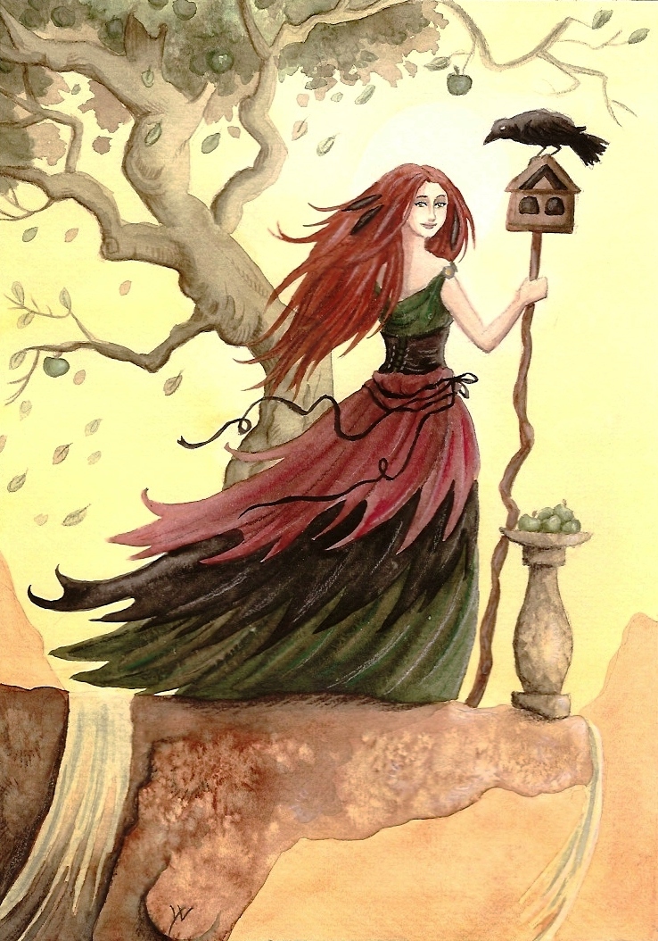 Goddess Nantosuelta is standing on a cliff with a dead tree standing behind her. She is hold the bird house on stick. She has long red flowing hair and is wearing red and green tattered Celtic garments. 