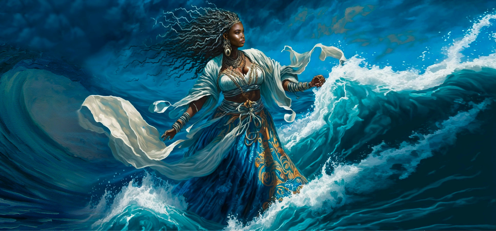 Yemaja stands as a mighty figure towering over crashing waves. She wears a long flowing skirt, lots of precious jewelry, and exudes power. 