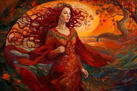 Aine is wearing an orange Celtic dress and her red hair is flowing. She is in a sun kissed woods as the sun is setting. 