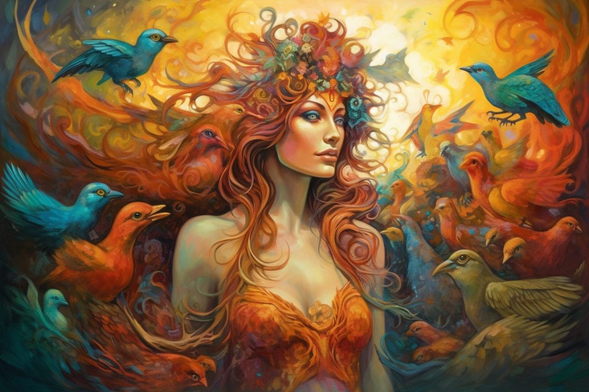 An image of blues and oranges surrounds Cliodhna as her red hair flows into the back round. There are numerous blue and orange doves surrounding her. 