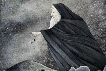 An old crone is seen standing in front of a dirt mound and throwing a few seeds into it. 
