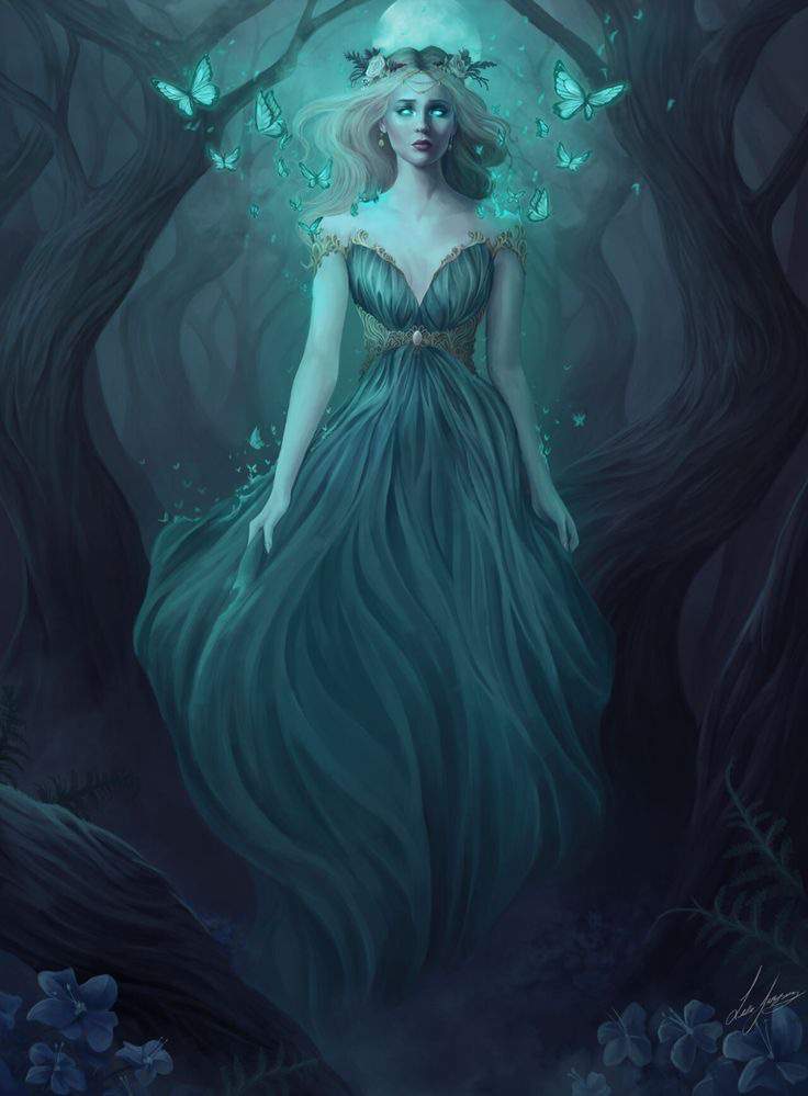 Cliodhna stands in the middle of a dense forest in the night. Her hands are by her sides and her eyes light up blue like the butterflies surrounding her. She is wearing a blue dress that matches her eyes.