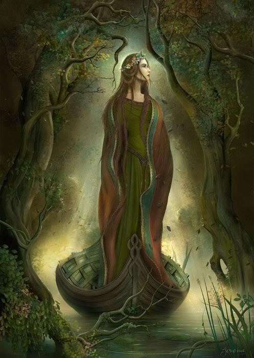 Nantosuelta is standing on a small boat floating through a stream in a dark forest. She is looking off to the distance with a flower crown on her brown hair. She wears a green Celtic dress with a maroon cloth draped over her.