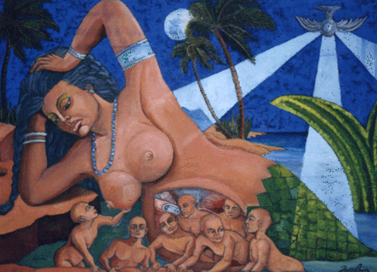 Yemaja is shown as a mermaid with her stomach cut open. Seven orisha children are crawling out of her stomach.