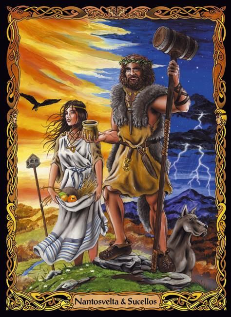 Nantosuelta and Sucellos are standing upon a hill, wearing ancient Celtic clothing. Half of the image is sunset and fall and the other half is dark and stormy. 