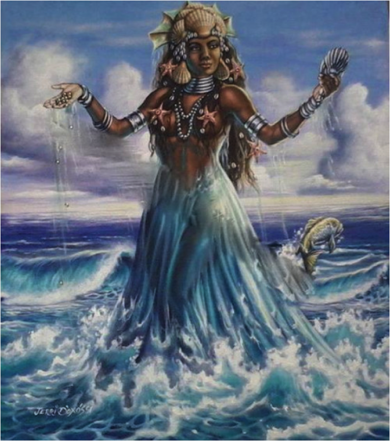 Another powerful presentation of Yemaja in which she wears a seashell crown, many necklaces, and a flowing blue skirt.