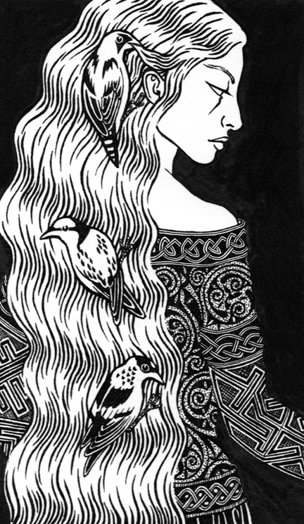 A black and white drawing of Cliodhna with three doves in her long hair. Her dress is full of ancient Celtic designs. 