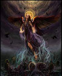 Badb is hovering above souls while she ascends higher. She has crows wings and is wearing a purple dress. There is a full moon above her head while crows circle her.