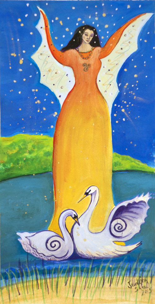 Goddess Caer is standing in a stream wearing an orange and yellow dress. There are two swans in front of her. 