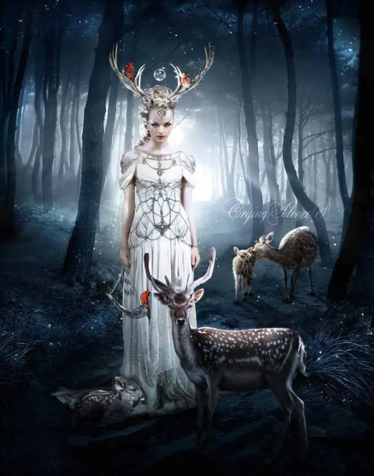 Beiwe wearing antlers and a white dress in a forest with reindeers.